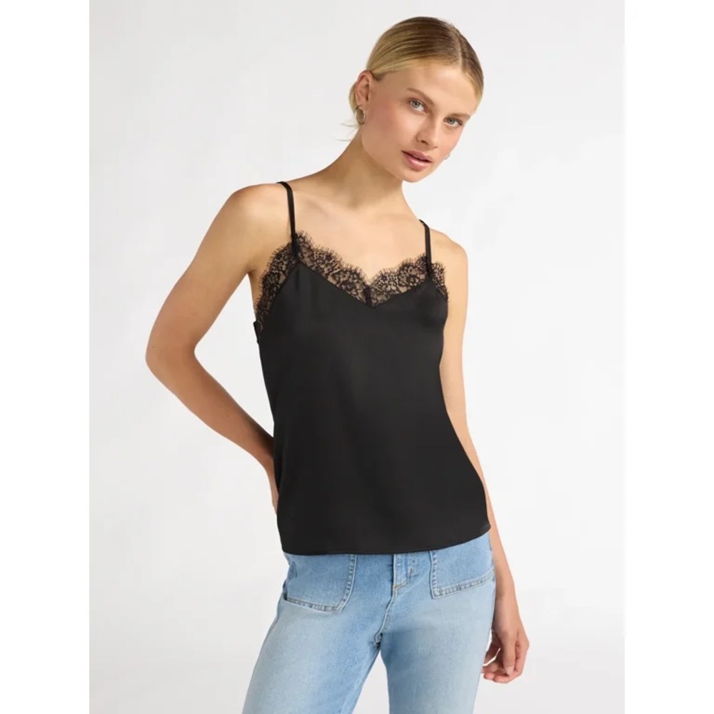 Scoop Women’s Spaghetti Strap Lace Trim Black Satin Tank Top NWT